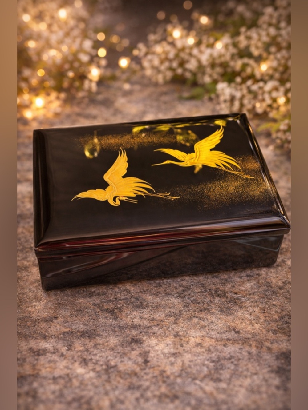 VINTAGE Black Lacquer Japanese Music Jewelry Box • Gold Cranes • Red Velvet 🎵